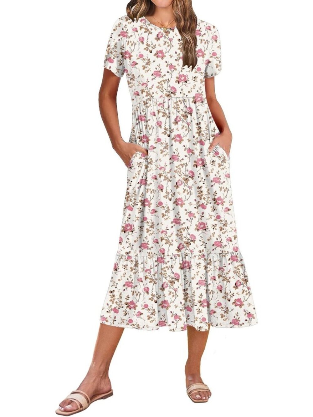 Summer Midi A-Line Dress for Women - Short Sleeve, Flowy, Tiered, Pockets, Beach